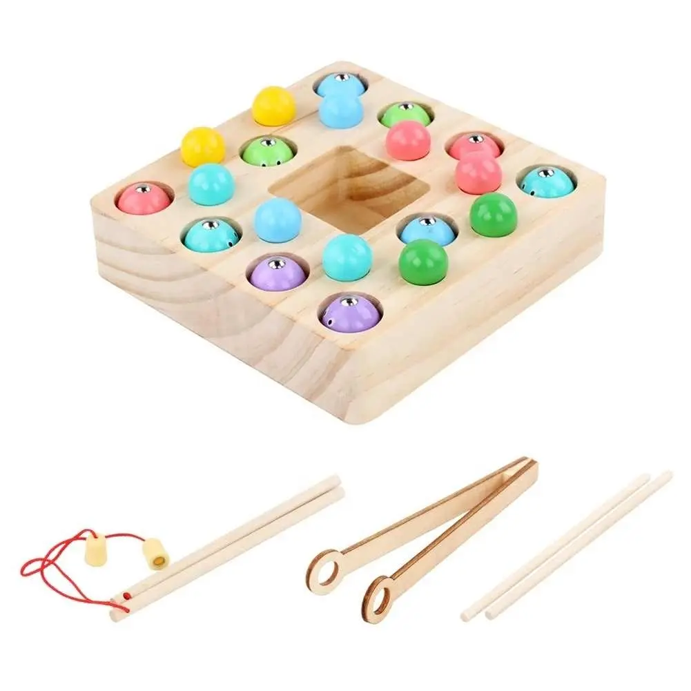 Magnet Pole With Clamp Chopsticks 10 Fishes Beads Wooden Fishing Game Set Early Education For Kids Gift Hand Eye Coordination