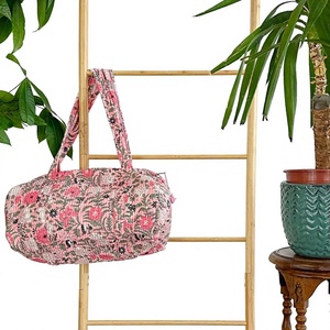 Pink floral quilted cotton duffle <b>bag</b> with soft handles spacious round shape <b>weekend</b> travel gym everyday carry style - Product Image 1