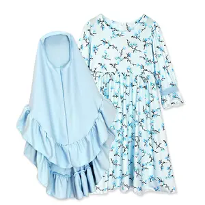 Новые платья синего цвета с цветочным рисунком (рубашка с длинными рукавами + одноцветные тюрбан Ближний Восток Рамадан традиционный костюм мусульманские