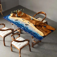 Table à thé, à café et à manger en bois massif avec résine époxy, motif vague moderne minimaliste, style rivière, en dalle entière, mobilier de maison