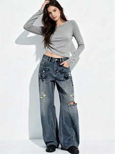 Nouveau <span class=keywords><strong>Jean</strong></span> Droit <span class=keywords><strong>Femme</strong></span> 2026 Respirant Taille Mi-Haute Vintage Délavé Effet Usé avec Poches Arrière et <span class=keywords><strong>Ourlet</strong></span> <span class=keywords><strong>Effiloché</strong></span> Coupe Classique - Product Image 3