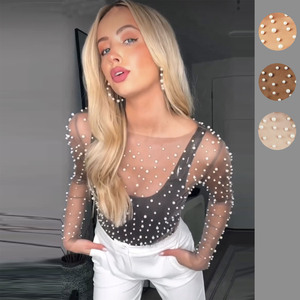 Women Clothing Fashion Long Sleeve Shirt Pearl <strong>Beaded</strong> Mesh See Through <strong>Top</strong> - Product Image 1