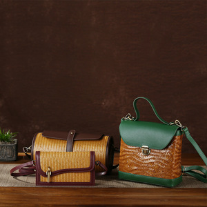 Chinese Style Bamboo Woven Bag Cowhide Crossbody Bucket Bag For Women All Seasons Vintage Design - Product Image 4