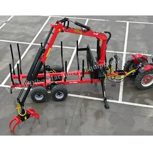 CE certification Farm Warking Machinery 4WD 6.5m Two telescopic arms Hydraulic Wood Timber log grapple Crane With Forest Trailer