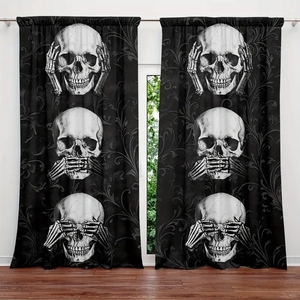 Rideau à deux panneaux personnalisable avec motif Trois Crânes Sages 'Ne voir, ne entendre, ne parler que du bien', noir, pour chambre à coucher et décoration intérieure - Product Image 1