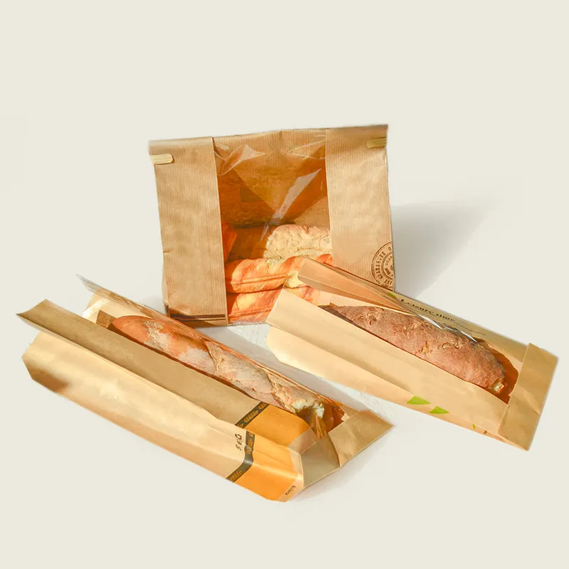 Custom Packaging Kraft Bread Bag White Handle Gift Wedding Food Paper Cake Baguette Croissant Box Bread Bag With Clear Window