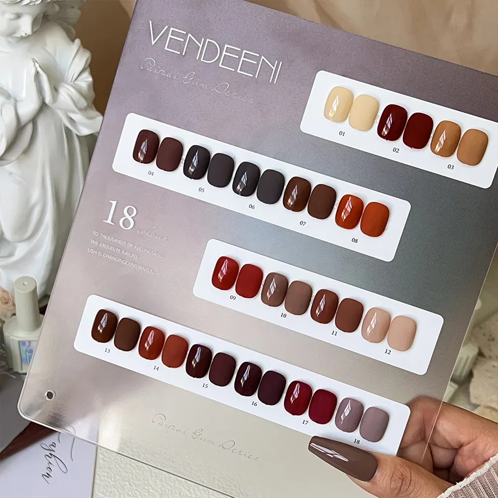 Vendeeni bán buôn hữu cơ không độc hại sơn móng tay 18 màu sắc rắn UV Gel Nail Nguồn cung cấp Salon nhãn hiệu riêng Gel đánh bóng biểu tượng tùy chỉnh