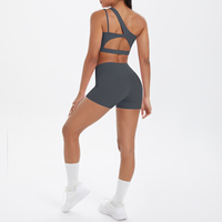 Ensemble de sport d'été pour femme, haut et short très élastiques, avec soutien-gorge à bretelle unique rembourré, sexy, respirant, motif uni, grande taille, pour le fitness