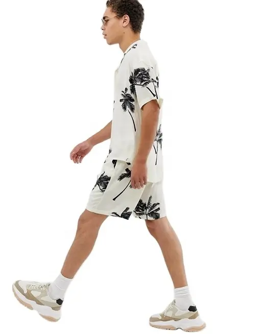 Cool Jong 100% Viscose Man Palm Print Korte Mouw Knop Front Co-Ord Revere Kraag Heren Shirt Trekkoord Taille shorts Set