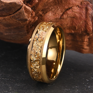 Nouvelle Bague en Tungstène en Or Jaune 18 carats Bijoux de Mode Sablée 8mm, Bague en Tungstène Or Saoudien Bijoux avec Incrustation de Feuilles d'Or - Product Image 3