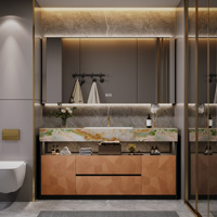 Meuble-lavabo autoportant moderne à grain de bois géométrique, armoire de salle de bain en pierre naturelle colorée avec miroir LED intelligent de forme spéciale