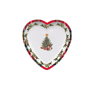 PLATO DE POSTRE DE PORCELANA EN FORMA DE CORAZÓN ESCOCESO 20X20 H.3 CM BLANCO CON DECORACIÓN NAVIDEÑA - Product Image 1