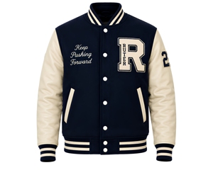Chaqueta Varsity Unisex Azul Marino y Beige con Letra R Bordada, Bolsillo Frontal, Corte Regular, Cuello en V, Estilo Urbano, Ropa de Invierno - Product Image 1