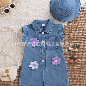 Nuovo Completo Estivo 2026 per Bambine: <span class=keywords><strong>Tuta</strong></span> in Denim Viola con Fiori e Cappello, Set di 2 Pezzi - Product Image 6