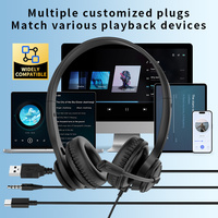 Casque filaire pour centre d'appels avec contrôle intégré USB, écouteurs de bureau IPX4, personnalisable OEM, vente en gros directe usine