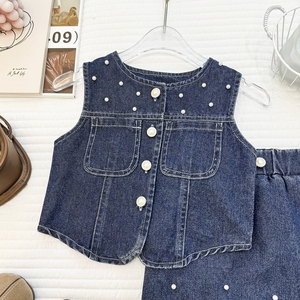 Ensemble en jean d'été pour filles 2026 : Nouveau gilet en jean perlé et jupe courte rétro, ensemble deux pièces pour bébés filles - Vente transfrontalière - Product Image 5