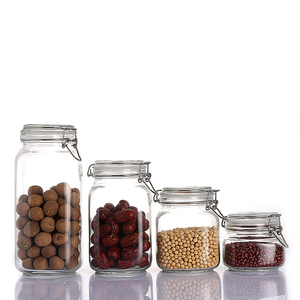 China Factory Wholesale Luxury Clear Wide Mouth Square Kitchen Glass Storage Bottle Jar with Easy Wire Swing Cap