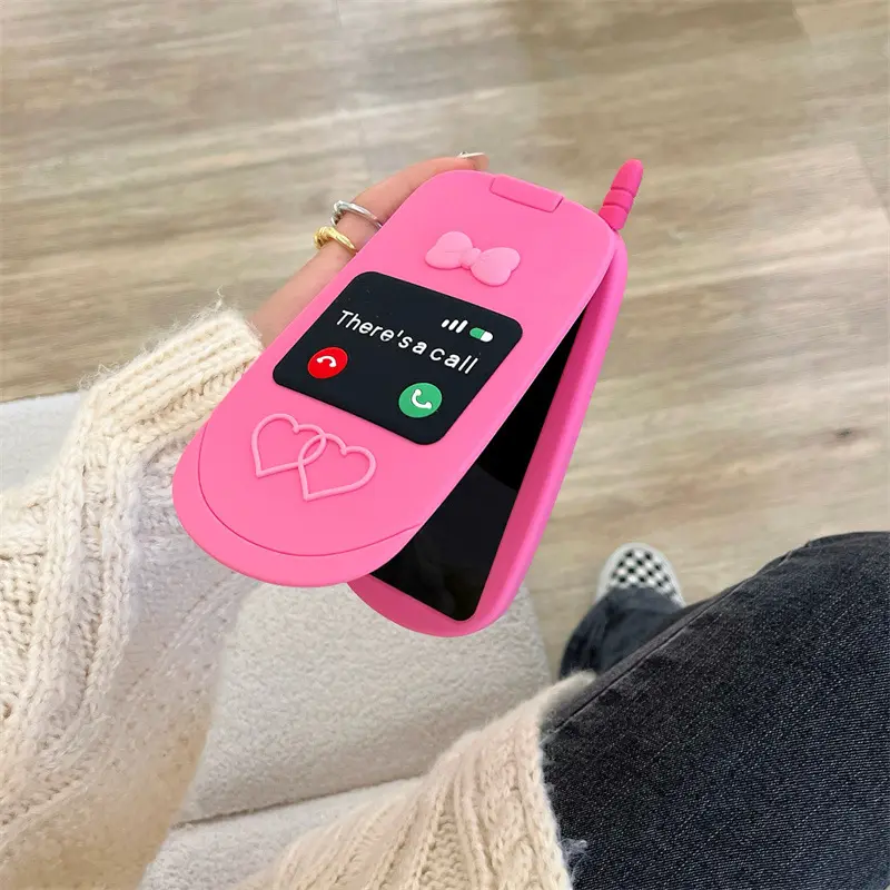 귀여운 핑크 사랑 실리콘 플립 휴대 전화 케이스 아이폰 15 14 13 12 프로 최대 나비 3D 거울 고무 충격 방지 뒷면 커버