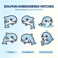 Vente en gros usine : Patchs brodés thermocollants en polyester, motif dauphin de dessin animé mignon, 6 modèles, pour vêtements, sacs à dos et autres articles vestimentaires