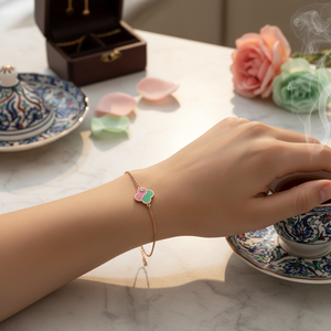 Green with Pink Enamel Design <b>Clover</b> Shape Charm <b>Bracelet</b> Turkish Handmade Wholesale 925 Sterling Silver Jewelry - Product Image 3