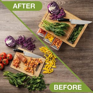 Fournitures de cuisine en gros, blocs à découper, ensemble de 4 supports de passoire à légumes, <span class=keywords><strong>planche</strong></span> à découper en bambou avec récipients - Product Image 5