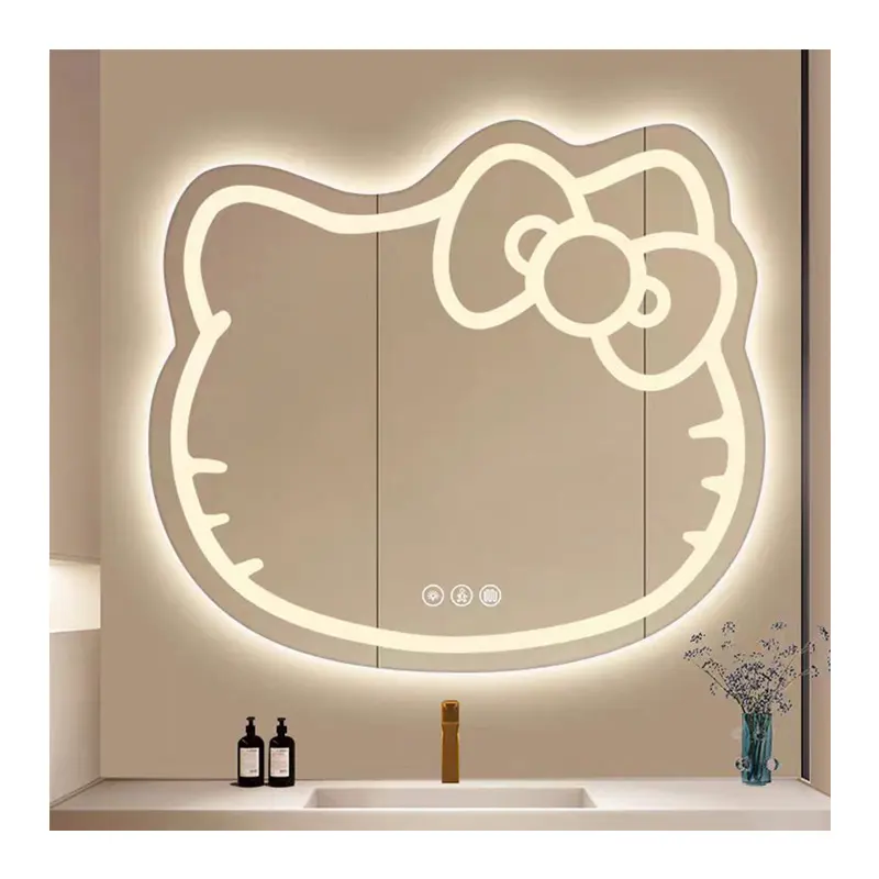 Espelho moderno Helloed Kitty LED interruptor de controle de toque inteligente para espelhos de parede decorativos irregulares de banheiro