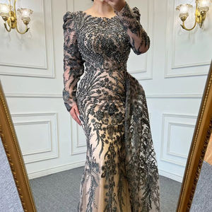 Luxe avondjurk met boothals, lange mouwen, kralen, zeemeerminmodel, kristallen zijde, baljurk voor feest, vloerlengte, sleep, gala - Product Image 2