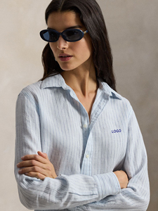 Camicetta Estiva in <span class=keywords><strong>Lino</strong></span> a Righe Verticali con Protezione Solare per Donne, con Ricami sulle Maniche Lunghe, <span class=keywords><strong>Polo</strong></span> per Donne # 2277 - Product Image 4