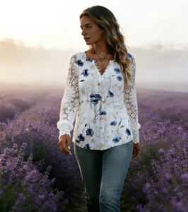 Haut décontracté européen sexy en dentelle à manches longues grande taille pour femme, coupe ample, motif floral, boutonné, printemps-été-automne - Product Image 3