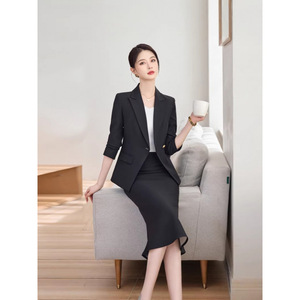 Women's Suit Set Black Jacket And Skirt Two Piece Office Lady Workwear Anti Wrinkle Worsted Fabric Commute Style - Product Image 3