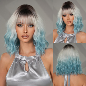 2025 femmes dégradé bleu vague d'eau perruque avec frange soignée pleine fibre chimique couverture petite casquette <span class=keywords><strong>Bob</strong></span> tête mode transfrontalière - Product Image 5