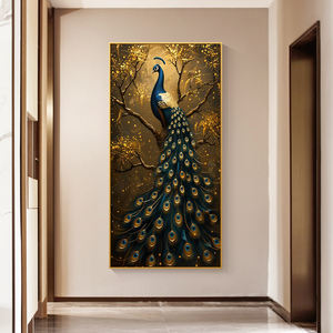 لوحة فنية حديثة فاخرة لمنظر طبيعي مع طاووس ذهبي، تصميم جداري من الكريستال والبورسلين لتزيين غرفة المعيشة والمنزل - Product Image 5
