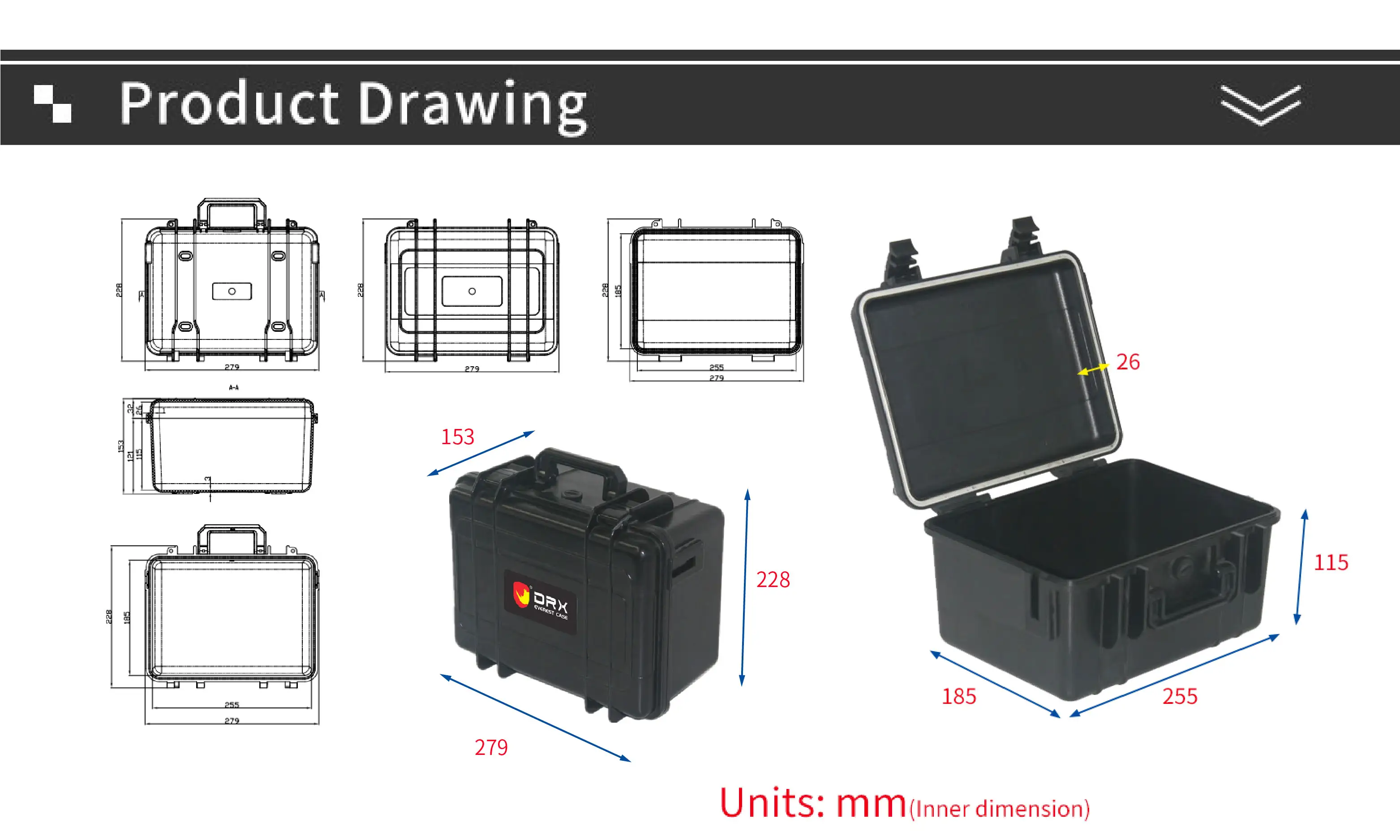 DRX EPC011 279*228*153mm Kunststoff-Hartsc halen koffer ABS-Gehäuse zum Schutz des Geräts vor Schaum