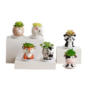 Venta caliente 6 unids/set Mini macetas de plantas de flores suculentas de cerámica esmaltada lindo zorro Panda Animal maceta para uso en escritorio y suelo