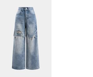 Damen XL Größe Baggy Mid-Waist Denim <span class=keywords><strong>Jeans</strong></span> Hosen Lose atmungsaktive breite Beine benutzer definierte Großhandel gestickte Knopf gewaschen gestrickt - Product Image 1