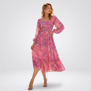 Robe midi élégante imprimée pour femme, robe de fête décontractée à fleurs, robe de mode écologique pour les rassemblements de vacances - Product Image 1