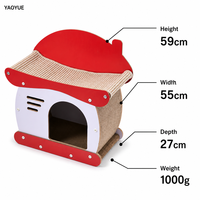 Maison pour chat en rotin à toit rouge à 2 niveaux avec panneau ondulé et griffoir design chalet pour chats d'intérieur