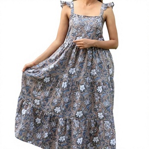 Vestido de Verano Floral Estampado a Mano 100% Algodón, Largo hasta la Rodilla, para Mujer, Manga 3/4, Cintura Natural, Ecológico - Product Image 1