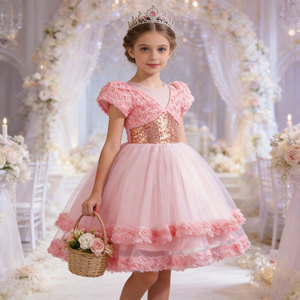 Girls Princess Dress Short Sleeve Sequined Mesh Birthday Party Costume Pink Tulle Skirt With Rose Trim - Product Image 1