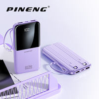 PINENG PN-797PD Power Bank ultra-fin 10000mAh avec câbles intégrés, charge rapide 22.5W, chargeur portable pour iPhone et Android