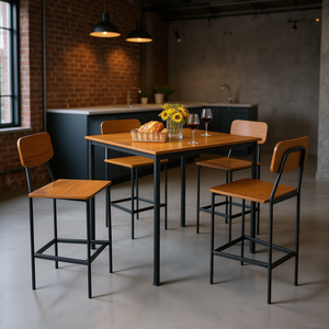 Ensemble de table à manger industrielle 5 pièces en bois de noyer, plateau carré, structure métallique, mobilier commercial moderne - Product Image 2