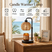 Lámpara Calentadora de Velas Estilo Boho Farmhouse, Pantalla de Bola de Ratán Natural, Brazo de Metal Negro Mate Ajustable en Altura, Base Redonda Empotrada