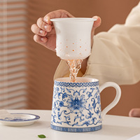 Ensemble de 3 tasses à thé en céramique bleu et blanc, nouveau style chinois, motif lotus et vigne, avec filtre, couvercle et infuseur floral haute température, cadeau de bureau