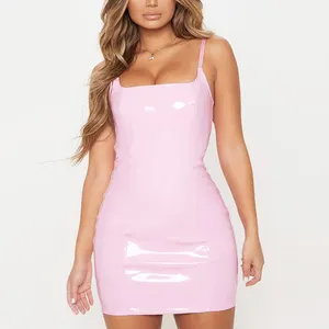 Vestido de verão sem mangas com zíper, elástico, mini vestido de festa, clube, vestido, rosa, de couro pu, bodycon