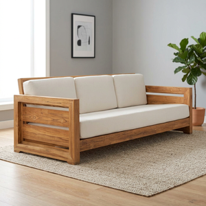 Solid Teak Wood Outdoor Sofa 3 Seater Patio Couch with Thick Cream Fabric Cushions - Product Image 3