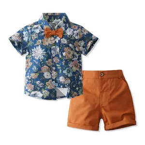 Conjunto de camisa floral con pajarita de verano para niños 2024 nuevos fabricantes de ropa infantil informal de manga corta para niños en stock