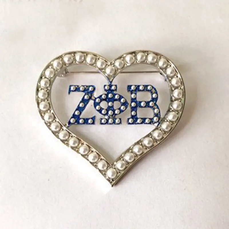 Custom Zeta Phi Beta heart pearl brooch blue enamel ZPB sorority pin accessories