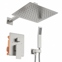 Ensemble de douche mural double avec robinet, pommeau de douche cascade de 10 pouces et douchette à main, finition nickel brossé, en alliage céramique