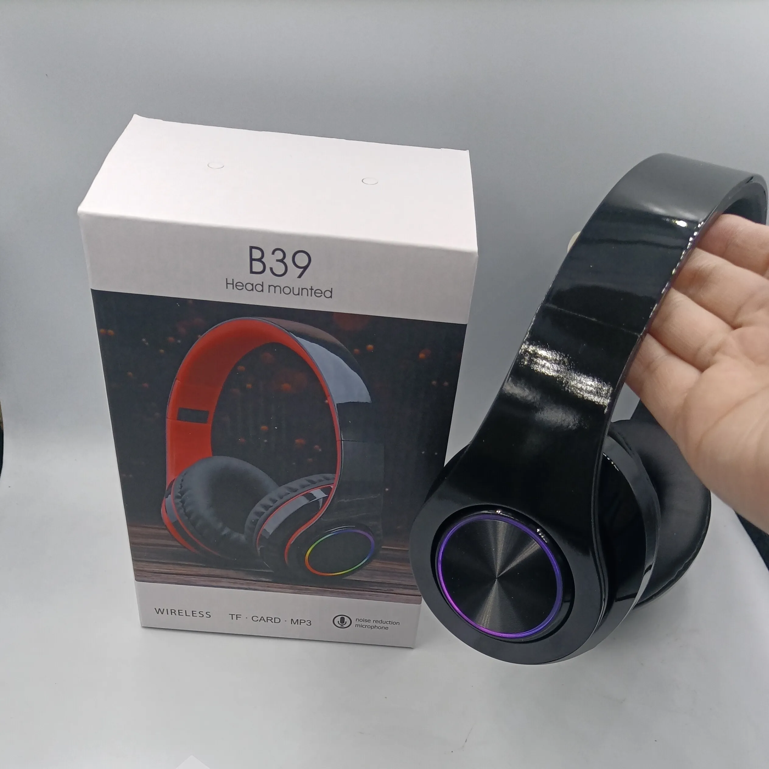 B39 Fones de ouvido sem fio com luz LED, fones de ouvido dobráveis para jogos com microfone, cartão Tf, fone de ouvido