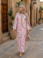 Gaun Maxi Modis Lengan Panjang Kerah V Bermotif Digital dengan Embos untuk Sehari-hari dan Acara Sosial & Lebaran, Bahan Polyester Abaya